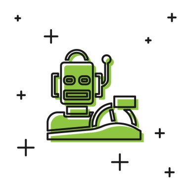 Black Robot humanoid driving a car icon isolated on white background. Artificial intelligence, machine learning, cloud computing.  Vector.