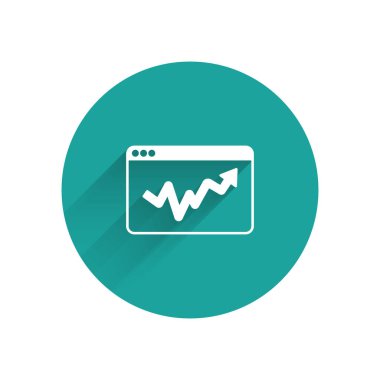 Beyaz Grafik, çizelge, grafik, diyagram, bilgi grafiği, uzun gölge arkaplan ile izole edilmiş turta grafik simgesi. Yeşil daire düğmesi. Vektör