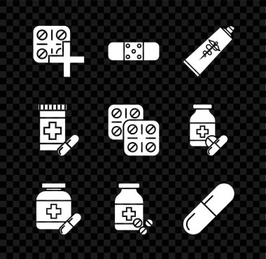 Set Pills in blister pack, Bandage plaster, Ointment cream tube medicine, Medicine bottle pills, or tablet,  and  icon. Vector