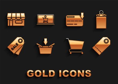 Set Shopping basket, Paper shopping bag, Blank label template price tag, cart, Price with inscription Sale, Credit card, building or market store and screen laptop icon. Vector