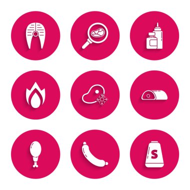 Set Fresh frozen steak meat Sausage Salt Meat Chicken leg Fire flame Sauce bottle and Fish icon. Vector.