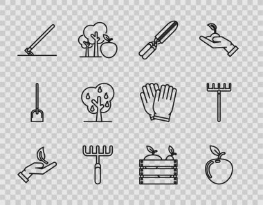 Set line Sprout in hand of environmental protection, Apple, Gardening handmade scissors for trimming, rake, work, Tree with pears, Wooden box fruits vegetables and  icon. Vector