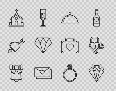 Set line Ringing bell, Suit, Covered with a tray of food, Envelope Valentine heart, Church building, Diamond, engagement ring and Castle the shape and key icon. Vector