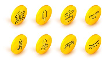 Set line Carnival garland with flags, Jumping trampoline, Joystick for arcade machine, Firework rocket, Jester hat bells, Attraction carousel, Ice cream and  icon. Vector