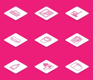 Set line Brush for cleaning, scraper, wiper, Mop and bucket, Sponge, Bucket with foam bubbles, Trash can garbage bag, Plastic bottles liquid dishwashing liquid and Cleaning service icon. Vector