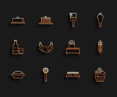 Set line Homemade pie, Strainer spoon, Strawberry cheesecake slice, Electronic scales, Cupcake, Croissant, Cereals with rice, wheat, corn, oats, rye and Scales icon. Vector