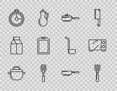 Set line Cooking pot, Fork, Frying pan, Spatula, Kitchen timer, Cutting board,  and Microwave oven icon. Vector