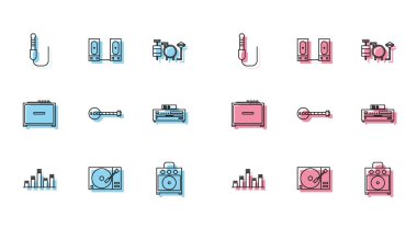 Set line Music equalizer, Vinyl player with vinyl disk, Audio jack, Guitar amplifier, Banjo, CD,  and Stereo speaker icon. Vector