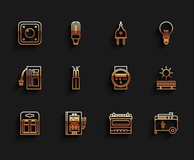 Set line Battery in pack, Electrical panel, light switch, Car battery, Portable power electric generator, cable, Solar energy and sun and meter icon. Vector