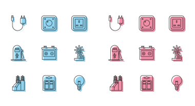 Set line Nuclear power plant, Battery in pack, Charger, Light bulb, Car battery, Wind turbine, Electric car charging station and light switch icon. Vector