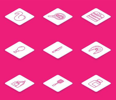 Set line Fried chicken wing, Steak meat frying pan, Burger, Chicken leg, Knife, Fish steak, Sauce bottle and Spatula icon. Vector