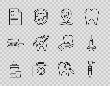 Set line Mouthwash plastic bottle, Tooth drill, Dental clinic location, First aid kit, Clipboard with dental card, whitening concept, search and medical syringe icon. Vector