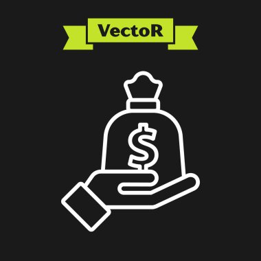 White line Hand holding money bag icon isolated on black background. Dollar or USD symbol. Cash Banking currency sign.  Vector.