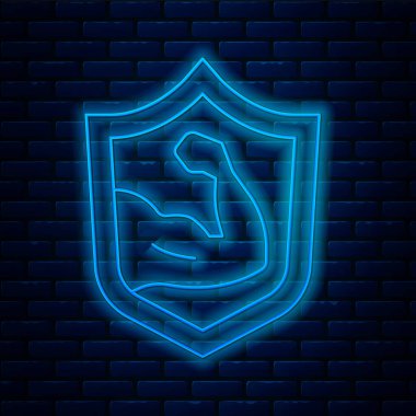 Parlayan neon çizgili vücut geliştirici, duvar arkasında izole edilmiş kas simgesini gösteriyor. Formda kalmak, güçlü sağlık hobisi kavramı. Vektör.