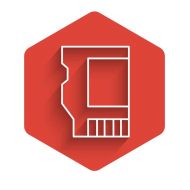 White line SD card icon isolated with long shadow background. Memory card. Adapter icon. Red hexagon button. Vector