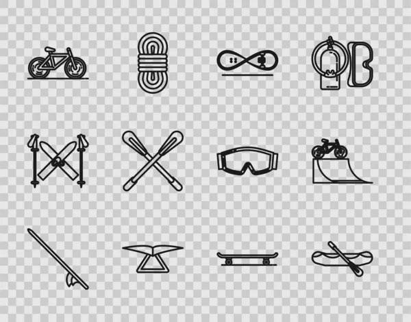 Set line Surfboard, Rafting boat, Skateboard trick, Hang glider, Bicycle, Crossed paddle,  and on street ramp icon. Vector