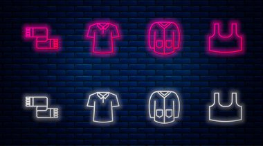 Set line Shirt Sweater Winter scarf and Undershirt. Glowing neon icon on brick wall. Vector.
