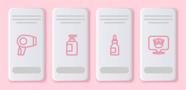 Set line Hair dryer Bottle of shampoo Oil bottle and Barbershop. White rectangle button. Vector.