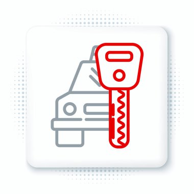 Çizgi Araba kiralama ikonu beyaz arka planda izole edildi. Araba tabelası kirala. Anahtarlı araba. Otomobil tamir servisi konsepti. Renkli taslak konsepti. Vektör.