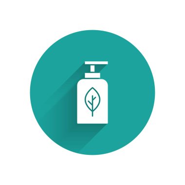 Uzun gölgeli beyaz yağ şişesi simgesi. Organik aromaterapi özü. Cilt bakımı serumu cam bırakma paketi. Yeşil daire düğmesi. Vektör.