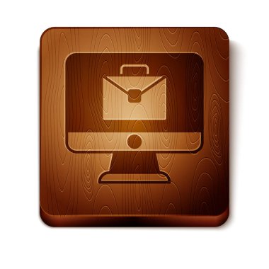 Kahverengi Çevrimiçi çalışma simgesi beyaz arkaplanda izole edildi. Evinde dizüstü bilgisayarla çalışan serbest çalışan bir adam. Uzaktan kumanda. Mesafeli iş kavramı. Tahta kare düğme. Vektör.