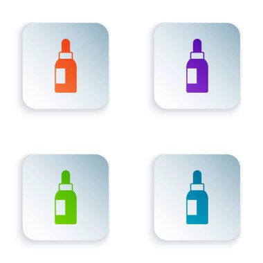 Beyaz arka planda izole edilmiş renk esaslı yağ şişesi simgesi. Organik aromaterapi özü. Cilt bakımı serumu cam bırakma paketi. Kare düğmelere renkli simgeleri yerleştir. Vektör.