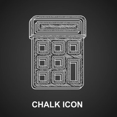 Tebeşir Hesaplayıcı simgesi siyah arkaplanda izole edildi. Muhasebe sembolü. İş hesaplamaları matematik eğitimi ve finans. Vektör