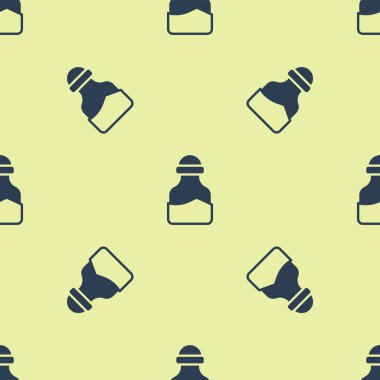 Blue Spice in can icon isolated seamless pattern on yellow background. Seasoning collection. Spice, condiments in a glass can.  Vector