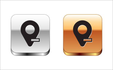 Siyah Harita iğne simgesi beyaz arkaplanda izole edildi. Navigasyon, işaret, konum, harita, GPS, yön, yer, pusula, arama konsepti. Gümüş ve altın kare düğmeler. Vektör