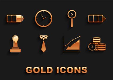 Set Tie, Battery charge level indicator, Coin money with dollar symbol, Pie chart infographic, Stamp, Magnifying glass and,  and Clock icon. Vector