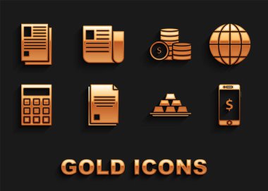 Set File document, Earth globe, Smartphone with dollar symbol, Gold bars, Calculator, Coin money,  and  icon. Vector