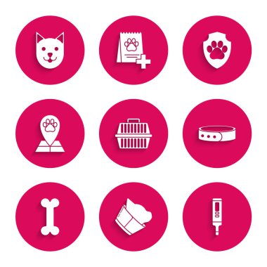 Set Pet carry case, Veterinary clinic symbol, Medical digital thermometer, Collar with name tag, Dog bone, Map pointer veterinary medicine hospital, Animal health insurance and Cat icon. Vector