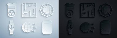 Set Global technology or social network, Smartwatch, Voice assistant, Processor and Video graphic card icon. Vector