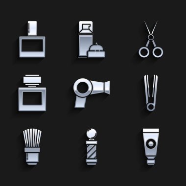 Set Hair dryer, Classic Barber shop pole, Cream or lotion cosmetic tube, Curling iron for hair, Shaving brush, Aftershave, Scissors hairdresser and  icon. Vector