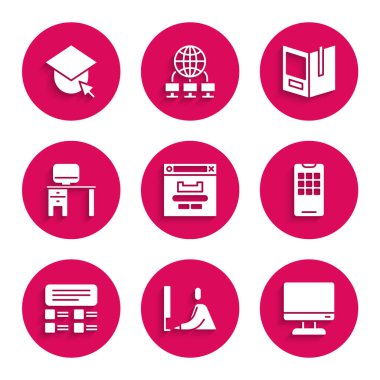 Set Browser window, Student working at laptop, Computer monitor screen, Mobile phone, Online quiz, test, survey, and desk, Open book and Graduation cap globe icon. Vector