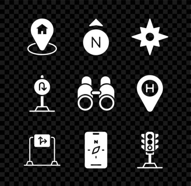 Set Location with house, Compass, Wind rose, Road traffic sign, mobile, Traffic light, Turn back road and Binoculars icon. Vector
