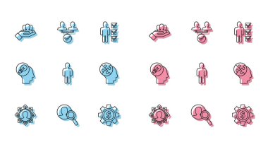 Set line Project team base, Magnifying glass for search people, Gear with dollar symbol, User of man business suit, Human head puzzles strategy, lamp bulb and  icon. Vector
