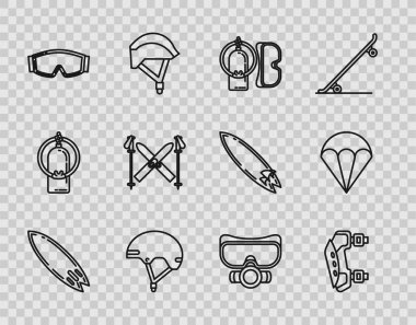 Set line Surfboard, Knee pads, Diving mask and aqualung, Helmet, Ski goggles, sticks,  and Parachute icon. Vector