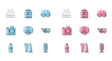 Set line Aqualung, Rubber flippers for swimming, Rain and waves, Gauge scale, Diving mask, belt, Photo camera diver and  icon. Vector