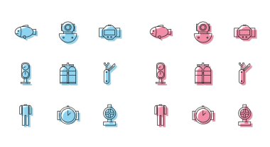 Set line Wetsuit for scuba diving, Diving watch, Fish, Industry metallic pipes and valve, Aqualung, Swiss army knife, Gauge scale and  icon. Vector