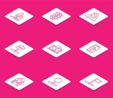 Set line Map marker with a silhouette of a person, Traffic light, Folded map location, Road traffic sign, Infographic city navigation,  and Push pin icon. Vector