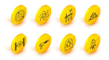 Set line Rocket ship with fire, Alien, Ray gun, Cosmic, Mars rover, Black hole and Solar system icon. Vector