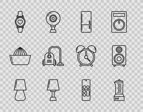 Set line Table lamp, Blender, Refrigerator, Smart watch showing heart beat rate, Vacuum cleaner, Remote control and Stereo speaker icon. Vector
