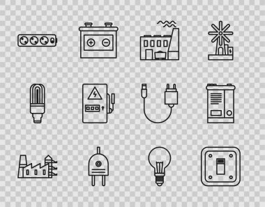 Set line Power station plant and factory, Electric light switch, Coal power, plug, extension cord, Electrical panel, Light bulb with concept of idea and Car battery icon. Vector