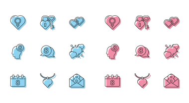 Set line Calendar with 8 March, Necklace heart shaped pendant, Female gender in, Envelope, speech bubble, Heart, human head and Castle and key icon. Vector