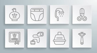 Set line Certificate for dog or cat Diaper Retractable cord leash Pet carry case Hair brush and shower Scissors hairdresser and shampoo icon. Vector.