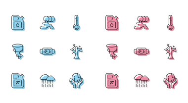 Set line Bio fuel canister Cloud with rain Canister for gasoline Hands holding Earth globe Medical protective mask Withered tree Tornado and Barrel oil leak icon. Vector.