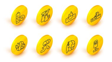 Set line Trash can Global warming Barrel oil leak fire Wrecked tanker ship Iceberg Smoke from factory and Battery icon. Vector.