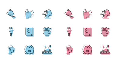 Set line Smart glasses Robot vacuum cleaner Waiter robot Robotic arm on factory User manual Electric plug and charging battery icon. Vector.