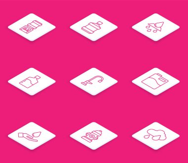 Set line Water cooler Big bottle with clean water Recycle aqua tap Washing hands soap and Fire hydrant icon. Vector.